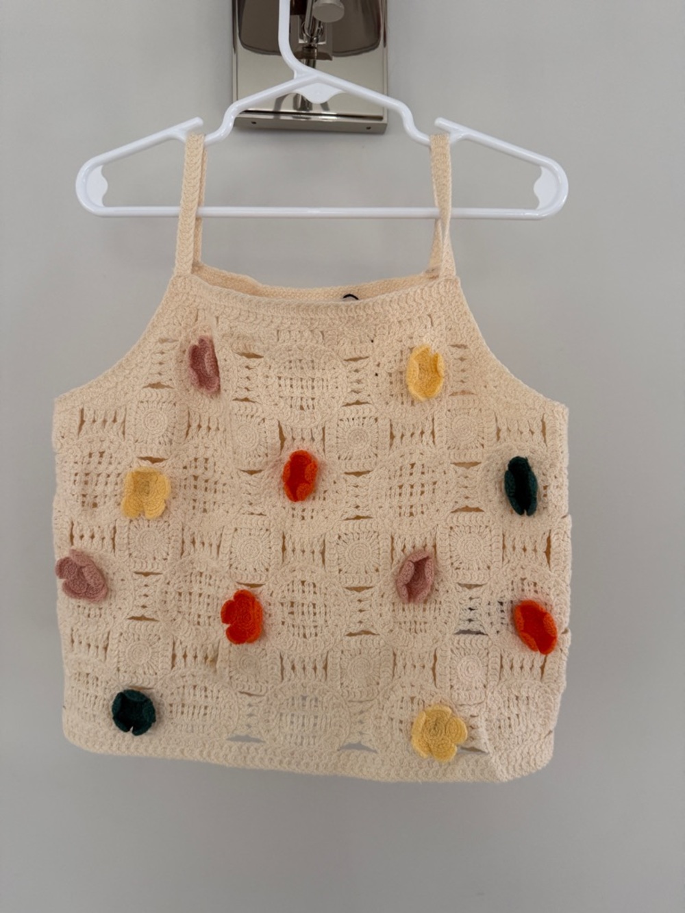 Zara Crochet Floral Appliqué Tank Top - Cream with Multicolor Flowers